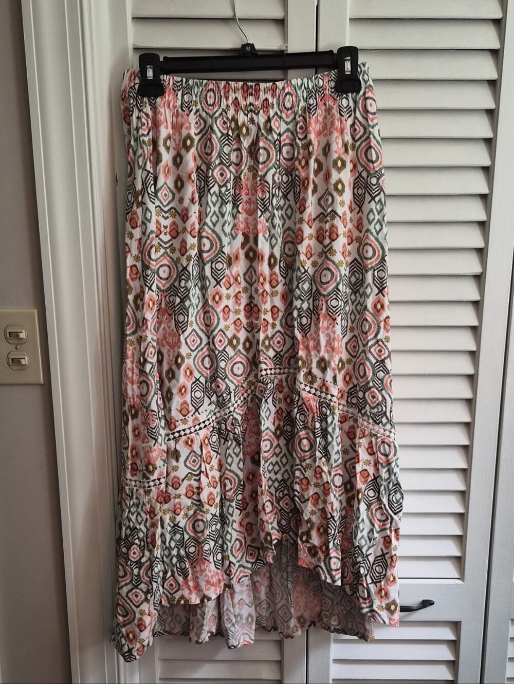 Boho Print Tiered Maxi Skirt in Pink and Olive